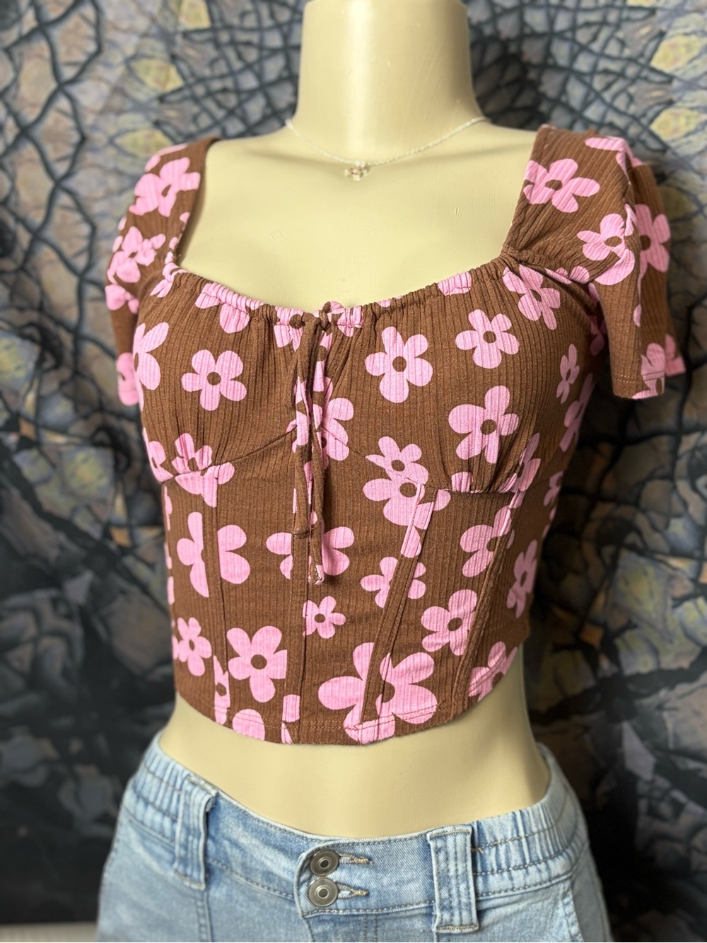 Brown Crop Top with Pink Flowers